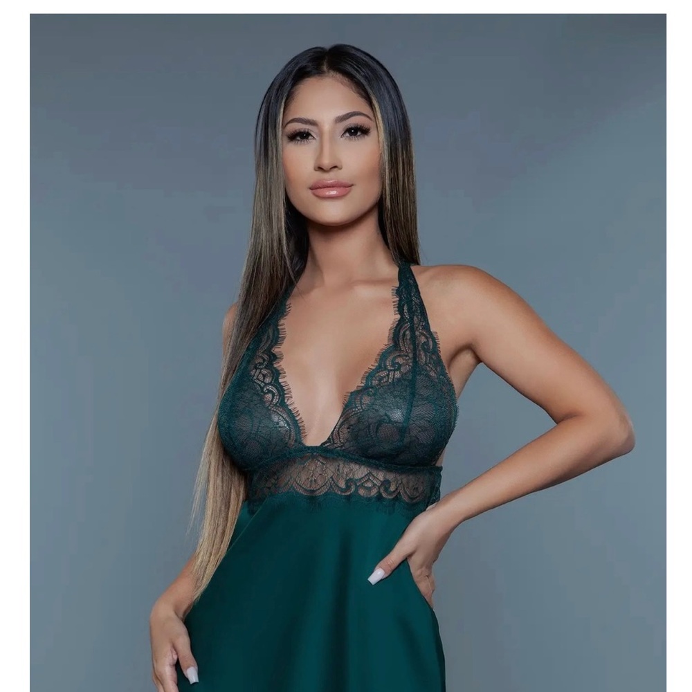 BE WICKED ELEGANT FORREST GREEN LACE TRIM NIGHTGOWN! NEW WITH TAGS!